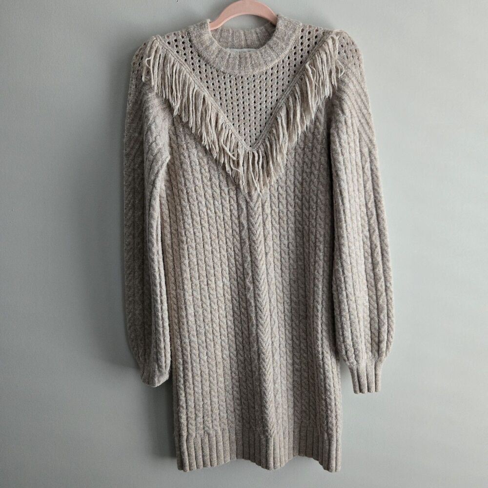 Flat White Anthropologie Women's Size S Fringe Eyelet Oatmeal Sweater Dress